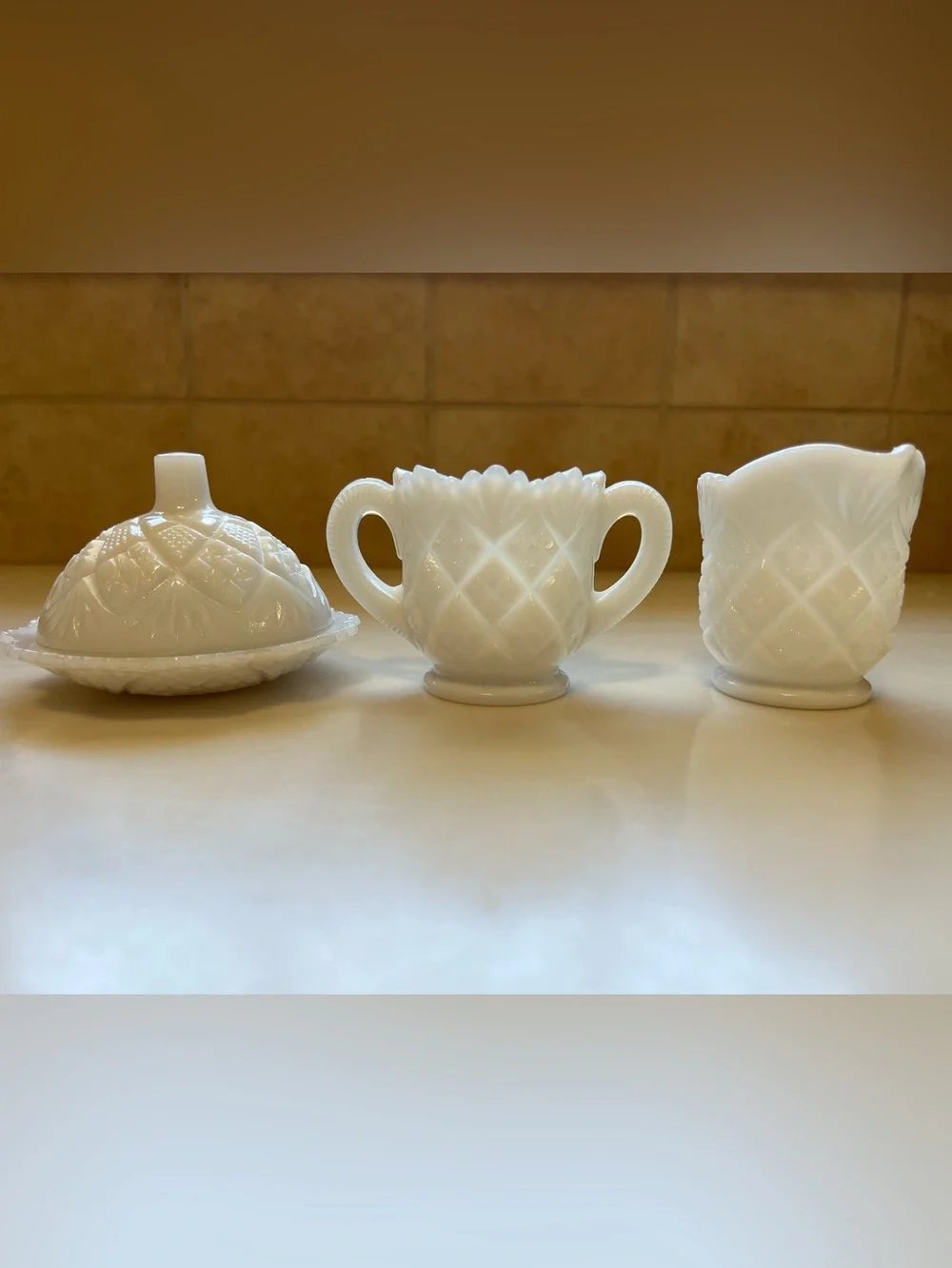 Vintage Westmoreland Milk Glass 3-piece breakfast set - Old Quilt pattern
